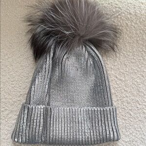Adrienne Landau Gray Knit Pom-Pom Beanie